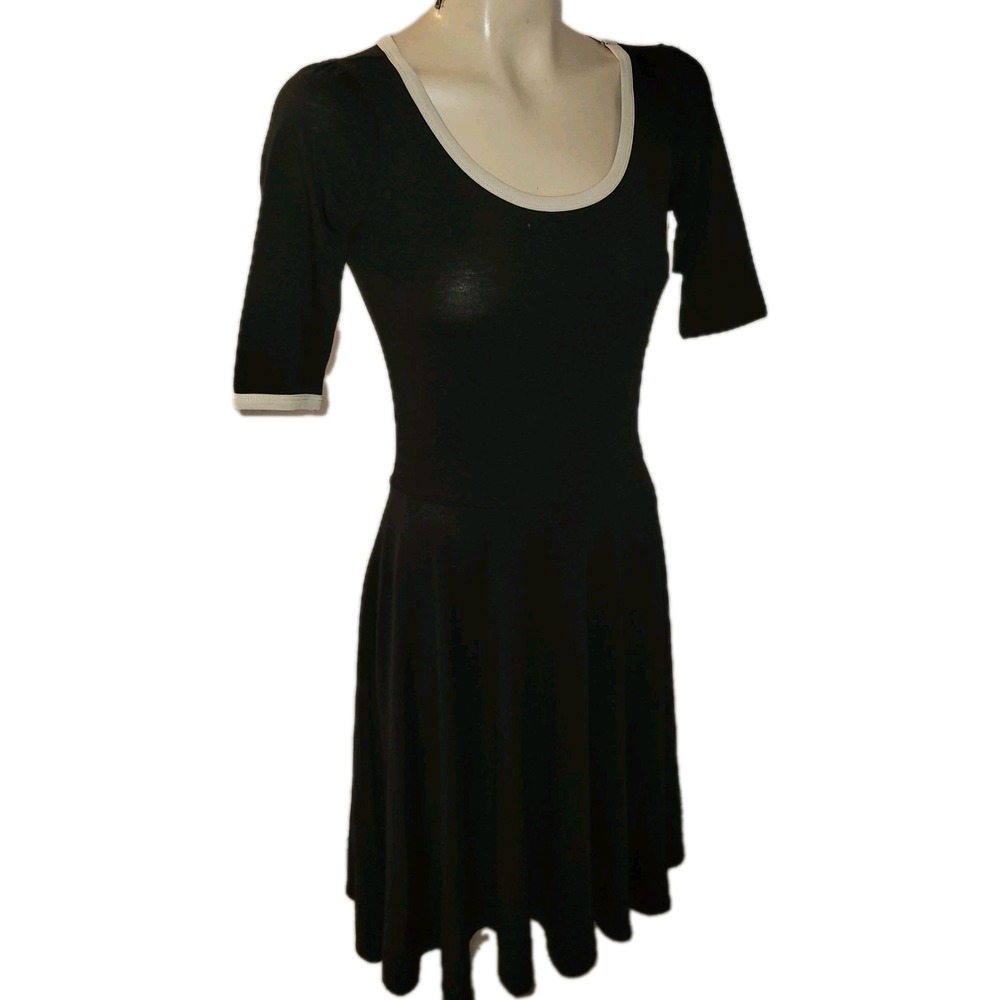 LULLAROE XXS Black Fit and Flare Dress White Trim Elbow Sleeve Casual goth vamp